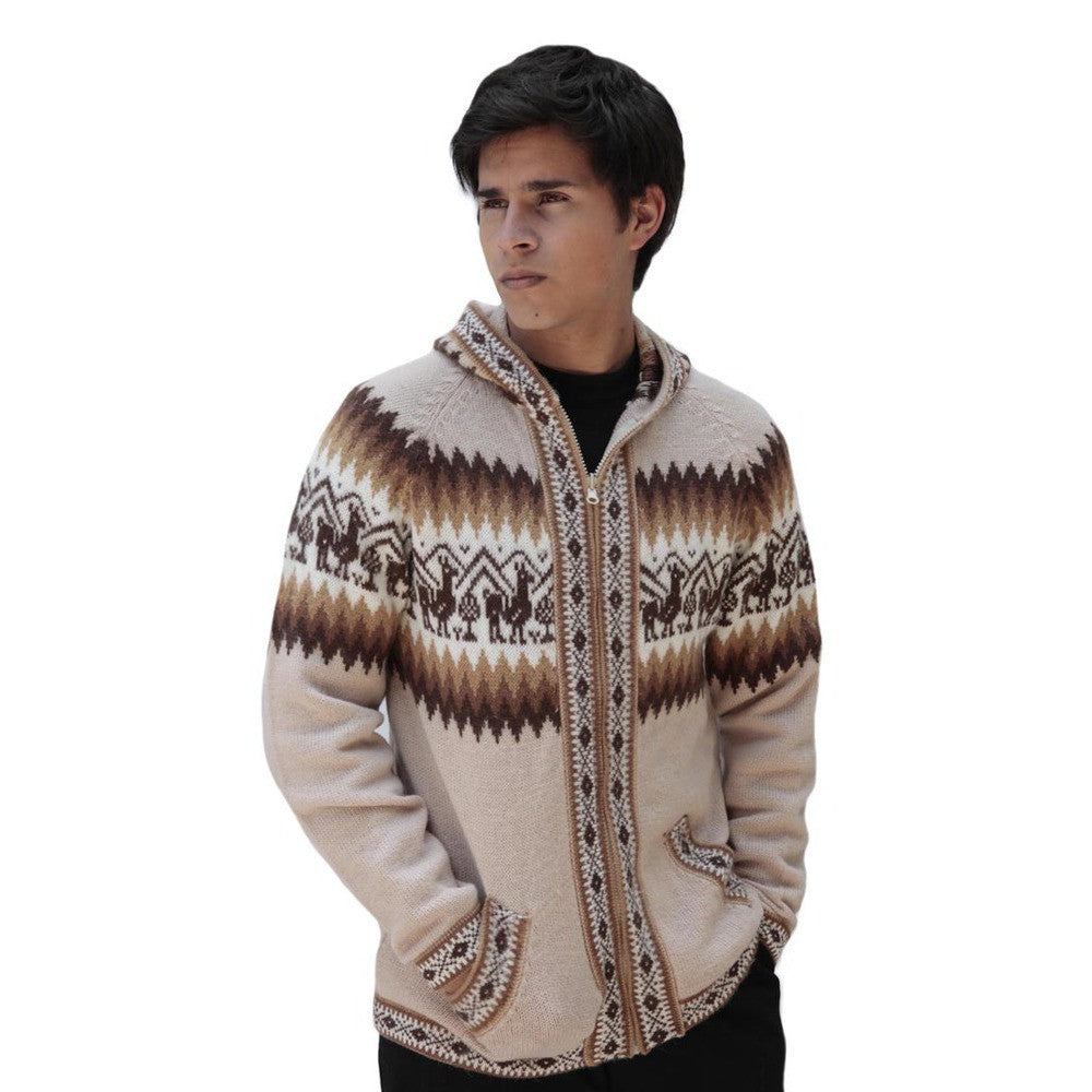Mens Little Llamas Hooded Alpaca Wool Knitted Jacket Hoodie Mens Little Llamas Hooded Alpaca Wool Knitted Jacket Hoodie