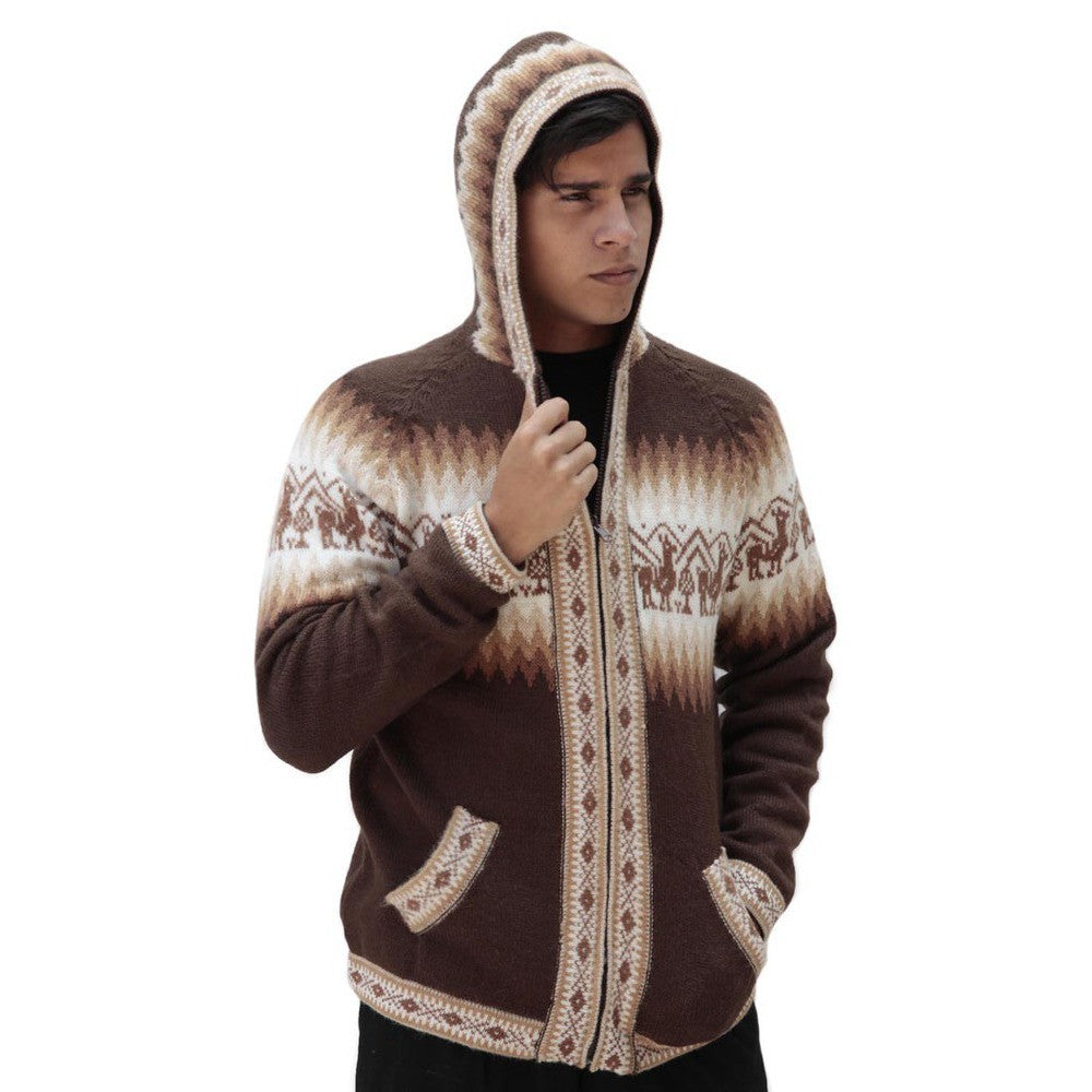 Mens Little Llamas Hooded Alpaca Wool Knitted Jacket Hoodie
