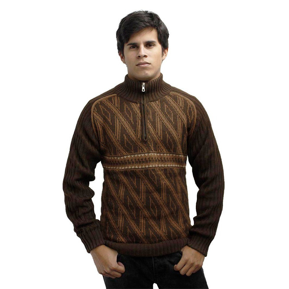 Men's Half Zip Alpaca Wool Sweater Size M Brown