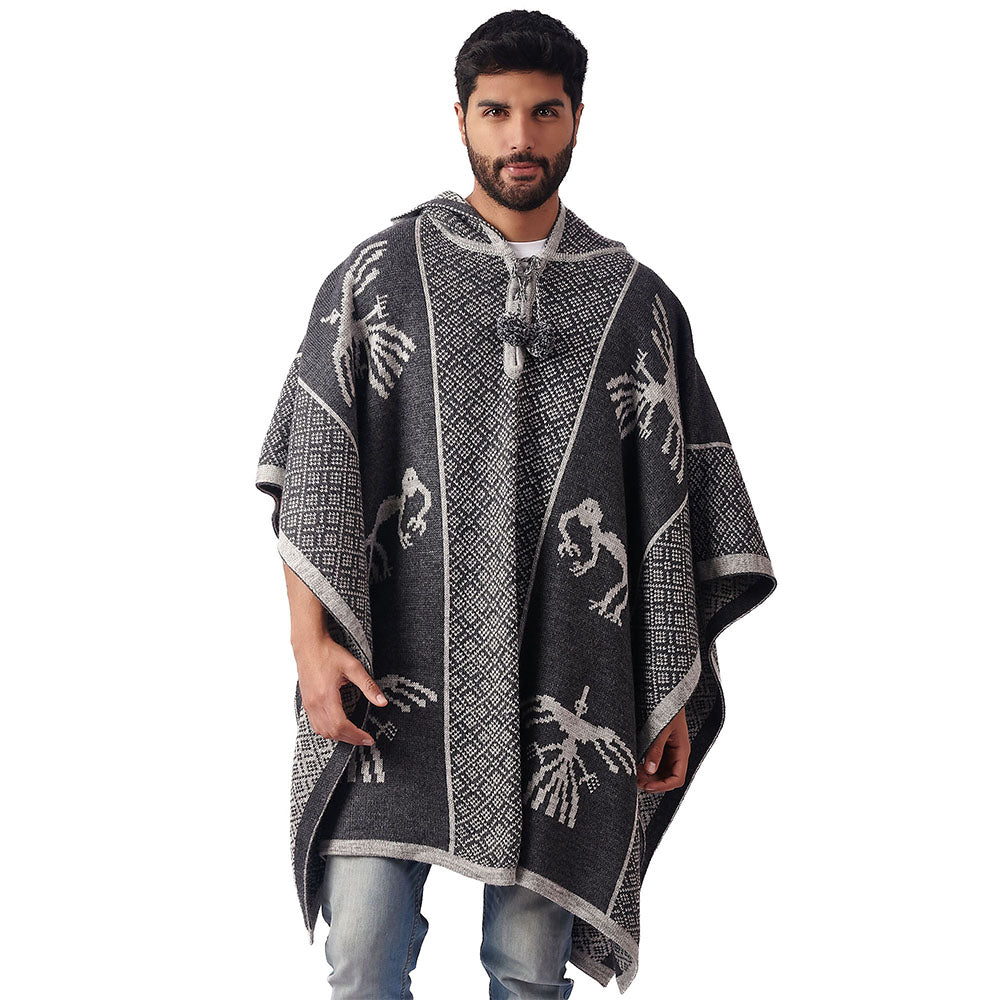 Poncho De Alpaca Para Hombre Con Capucha - Tejido A Mano En Ecuador, 70% Alpaca, Lavable A Máquina