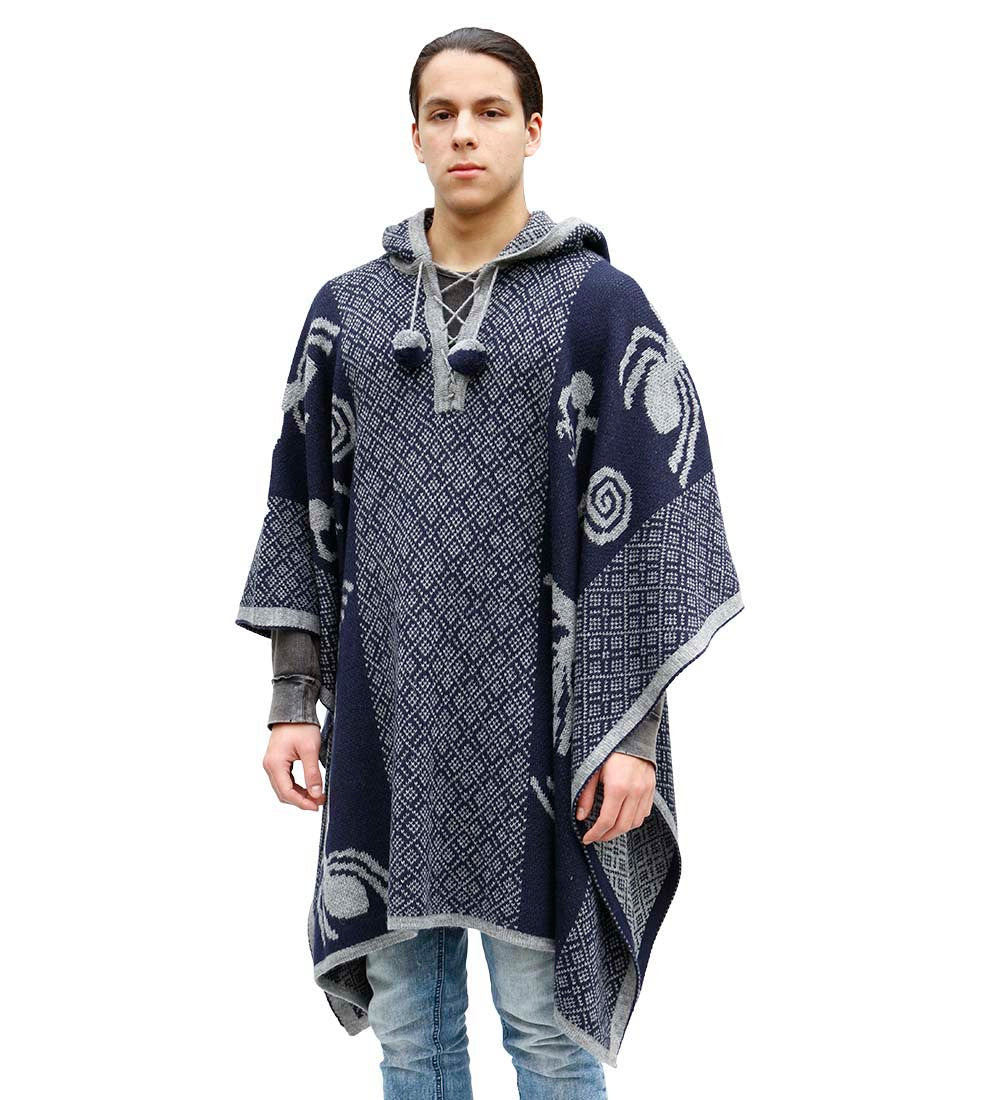 Alpaca Wool Hooded Poncho Unisex Nazca Lines