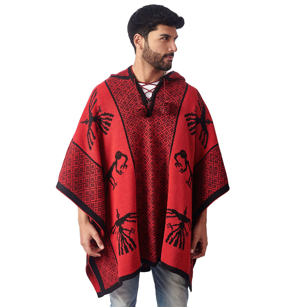 Alpaca Wool Hooded Poncho Unisex Nazca Lines