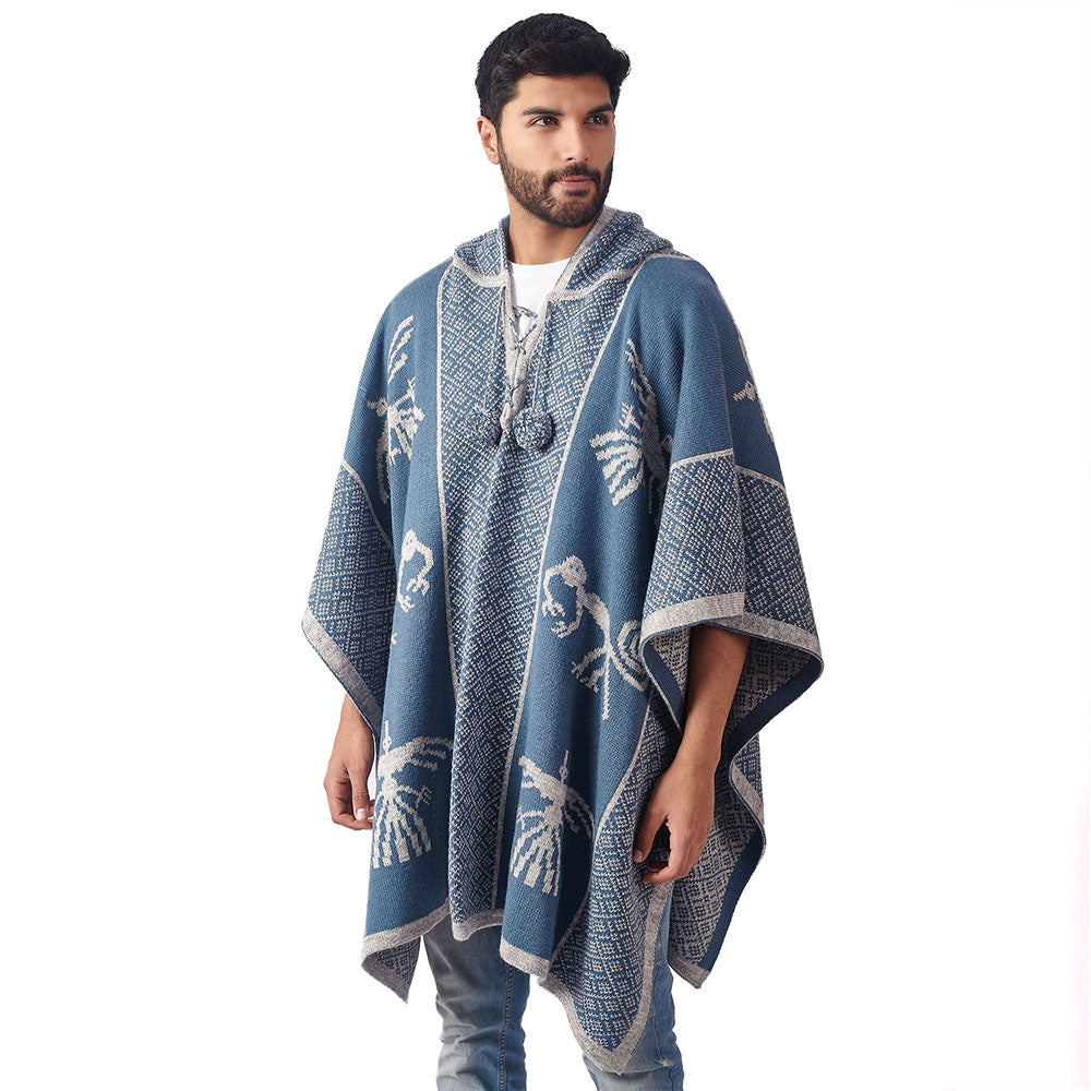 Alpaca Wool Hooded Poncho Unisex Nazca Lines