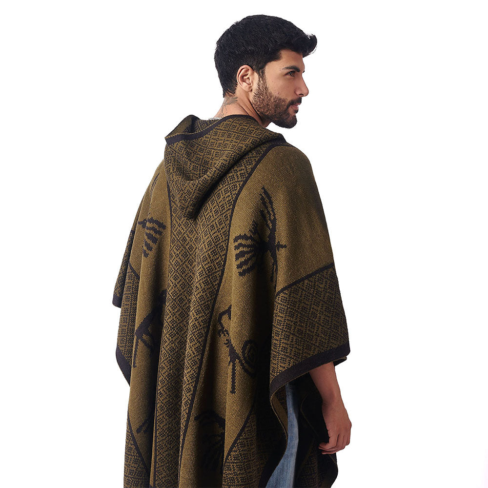 Alpaca Wool Hooded Poncho Unisex Nazca Lines